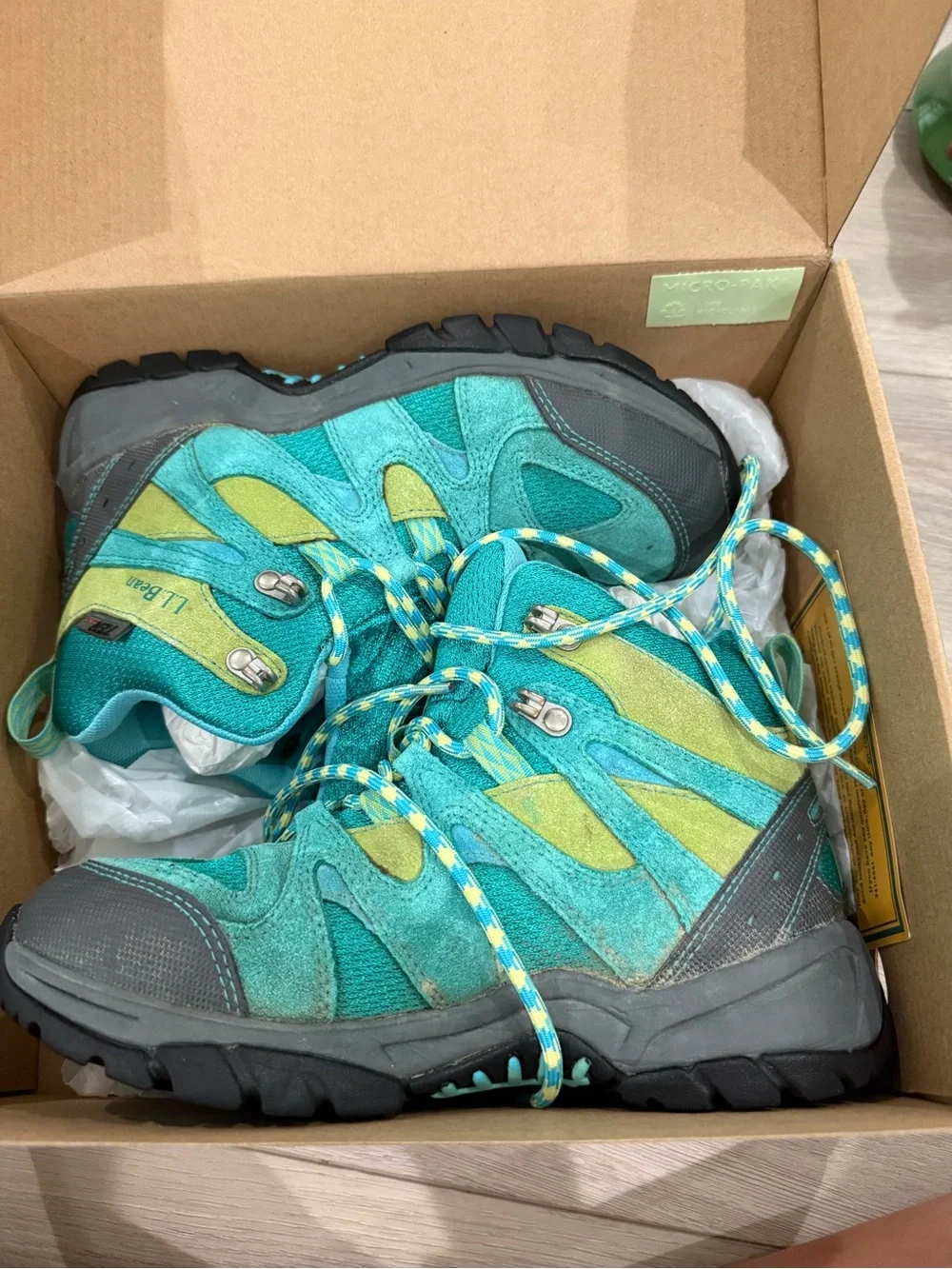 L.L. Bean Teal and Lime Kids Trail Boots